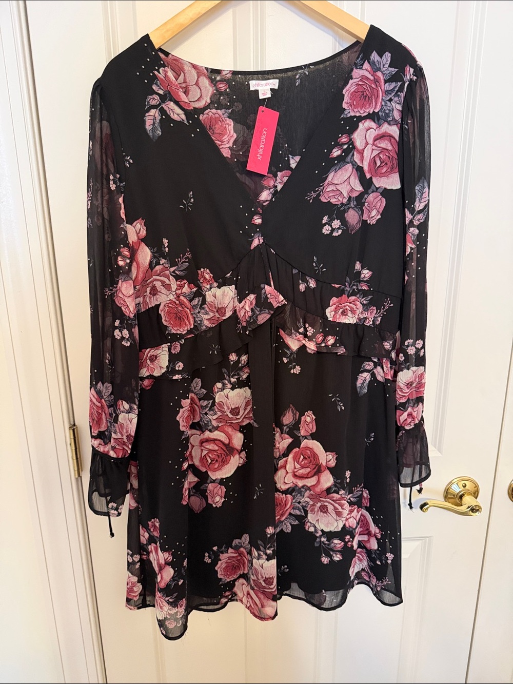 Xhilaration Black Floral V-Neck Long Sleeve Dress with Pink Roses
